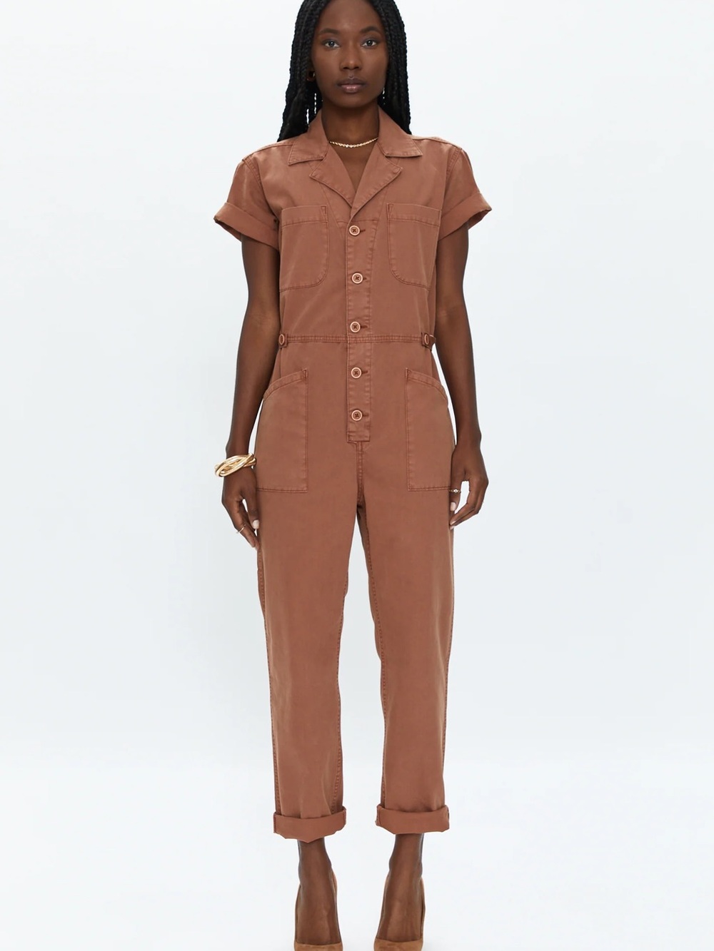pistola Short-Sleeve Button Front Jumpsuit in Rust Brown
